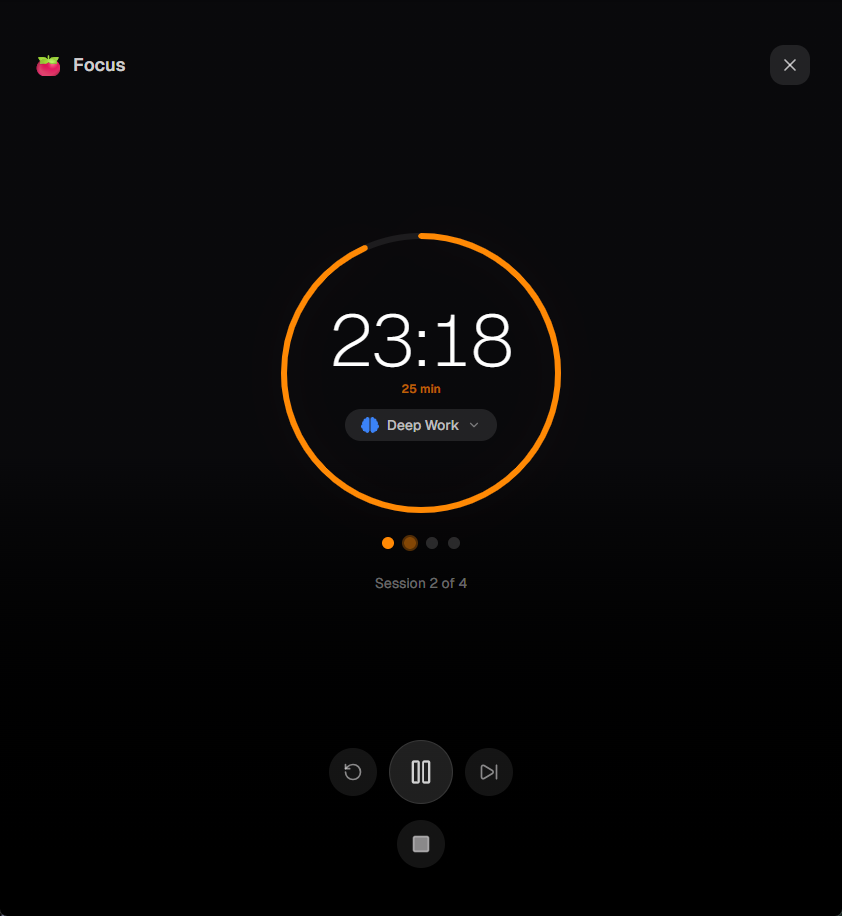 Pomodoro timer running inside Timetracker — focus countdown tied to the current tracked activity, with session progress and one-tap controls