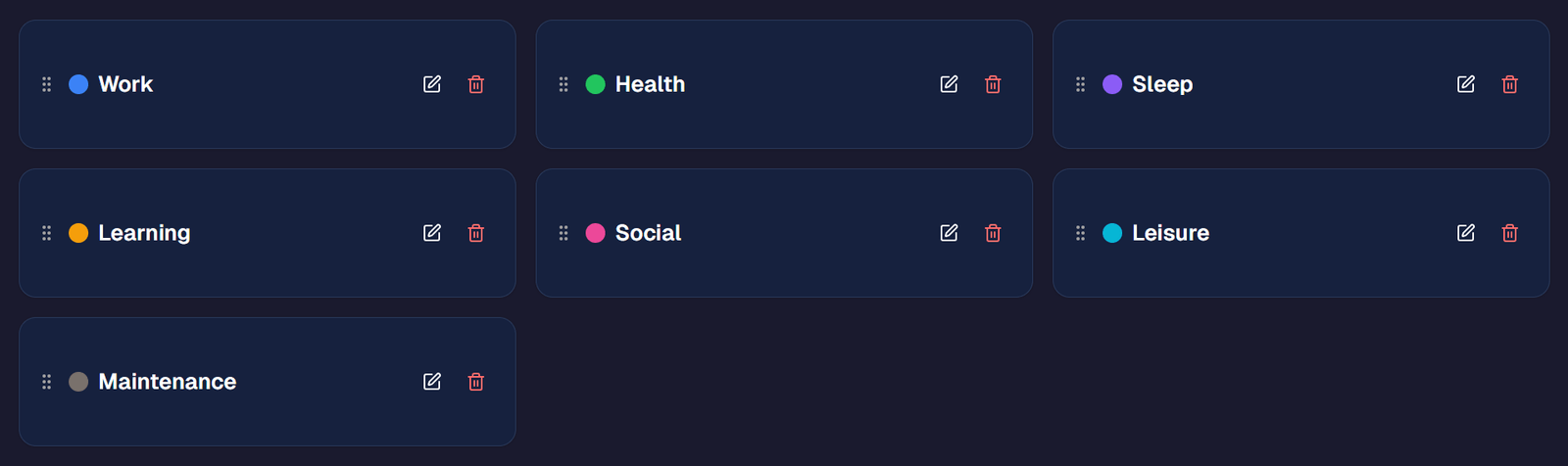 Categories in timetracker.live — color-coded categories covering Work, Health, Sleep, Learning, Social, Leisure, and Maintenance
