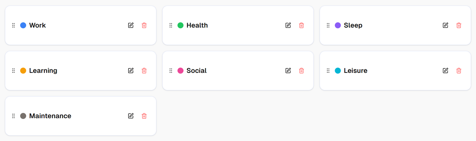 Categories in timetracker.live — color-coded categories covering Work, Health, Sleep, Learning, Social, Leisure, and Maintenance