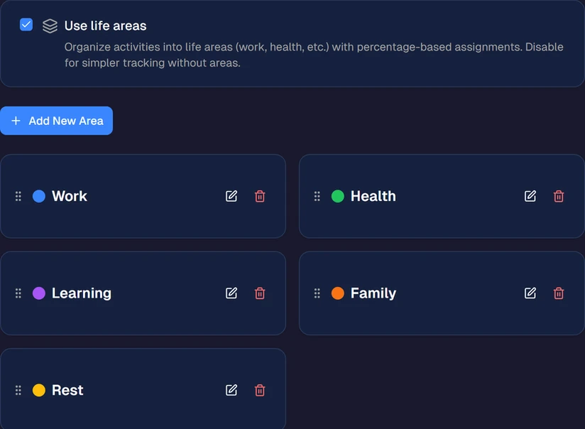 Life areas setup — organize activities by life domain