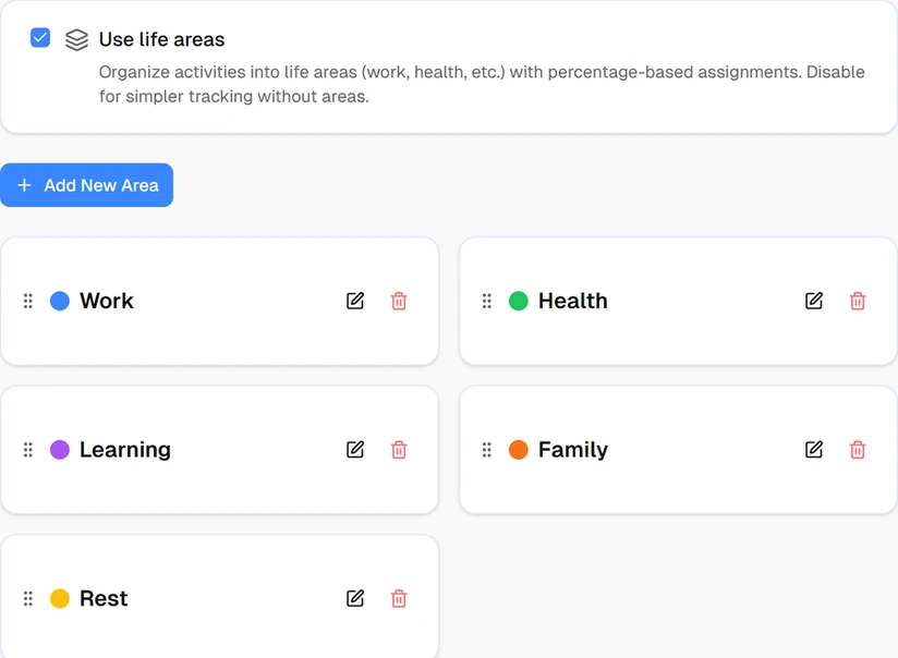 Life areas setup — organize activities by life domain