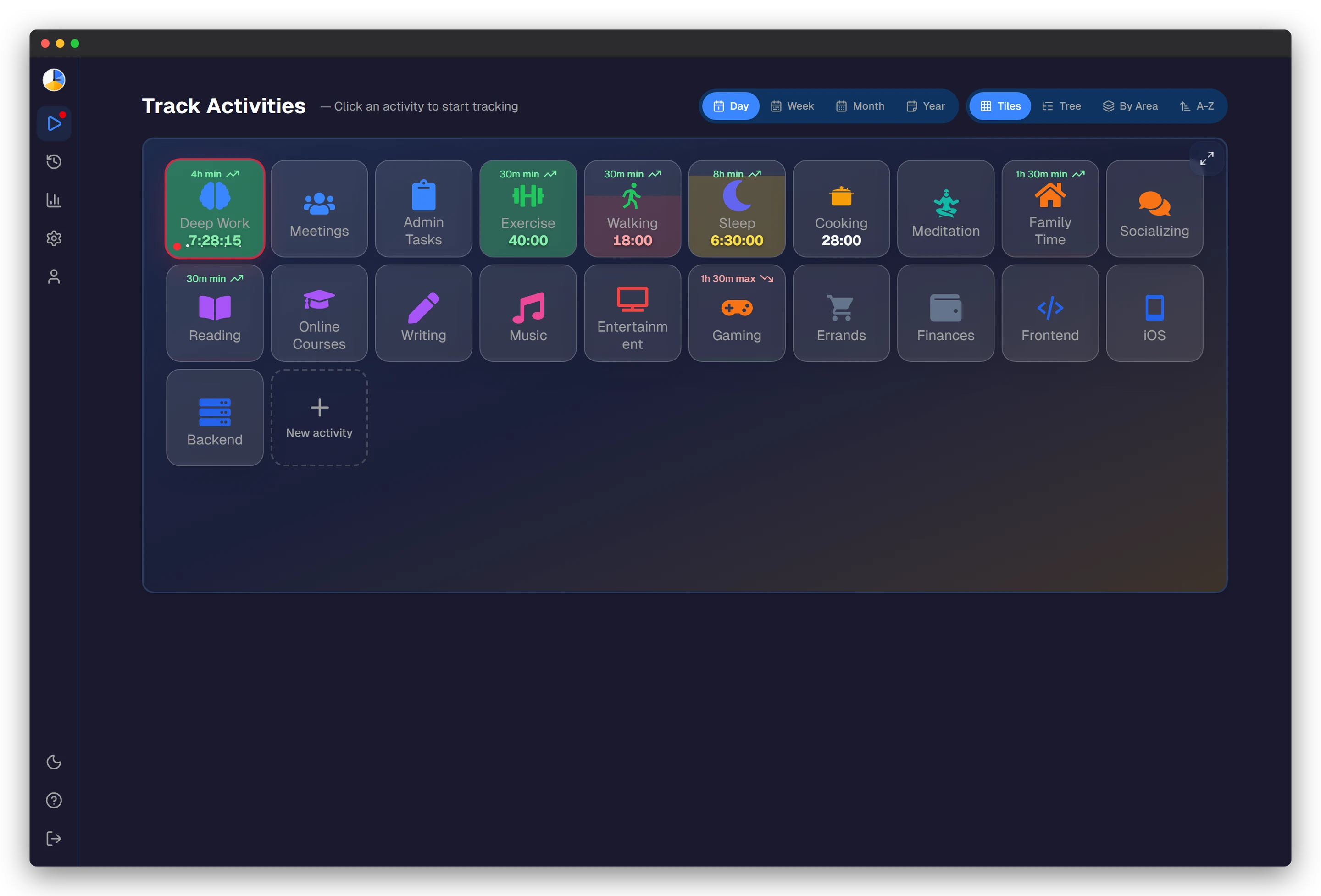 Timetracker desktop app on Mac in dark mode — time tracking interface with life areas and activity switching