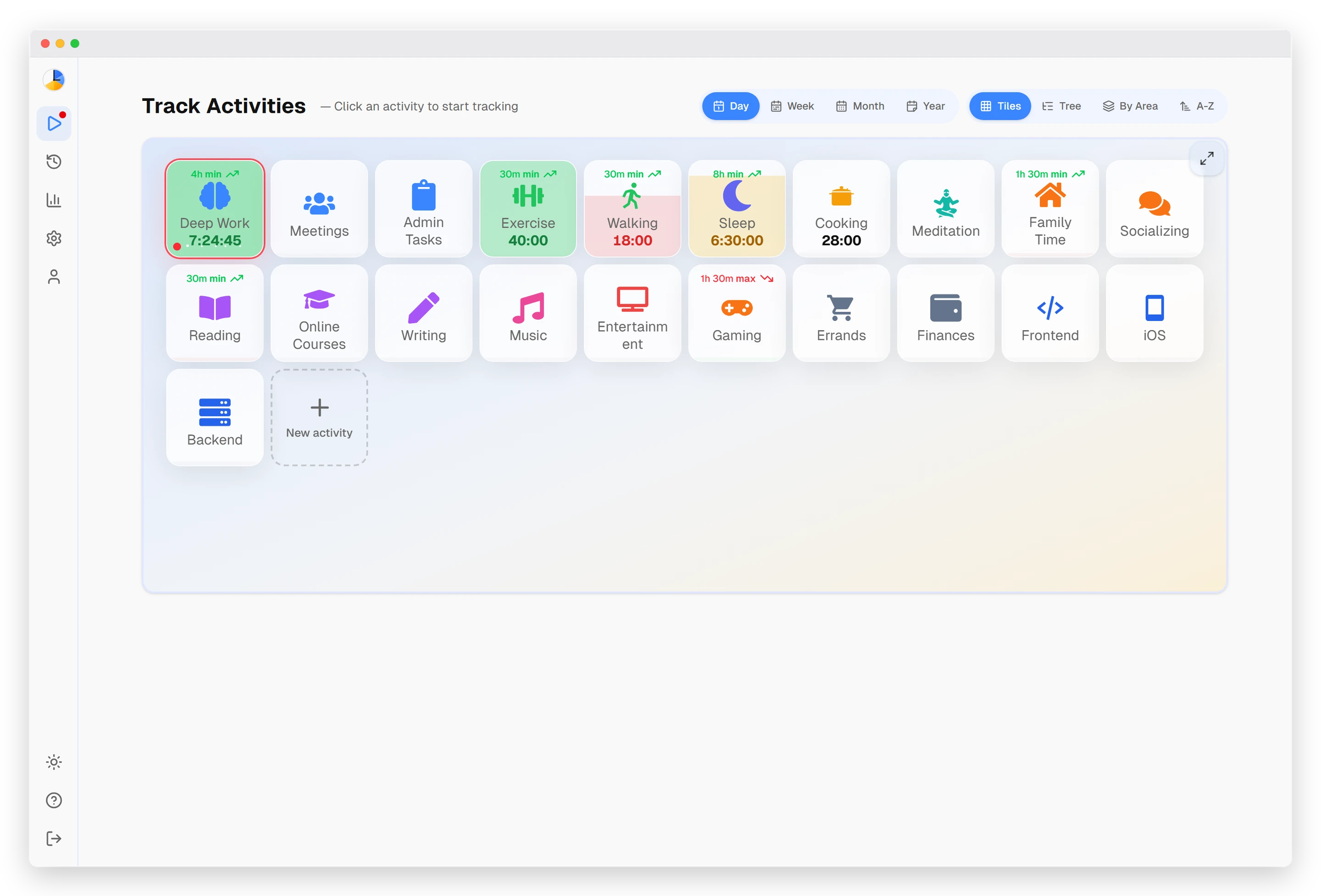 Timetracker desktop app on Mac — time tracking interface with life areas and activity switching