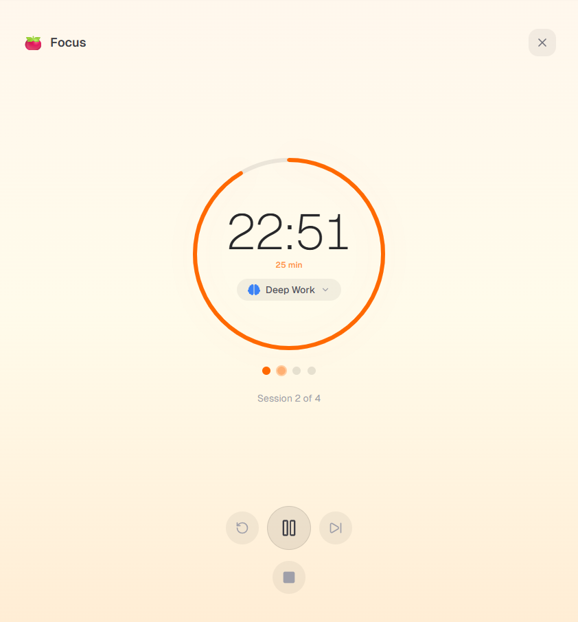 Pomodoro timer built into Timetracker — focus countdown inside the time tracker