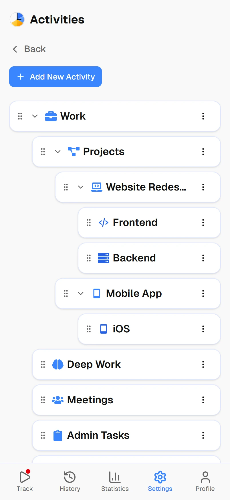 The activity list, with Work nested into projects and sub-projects