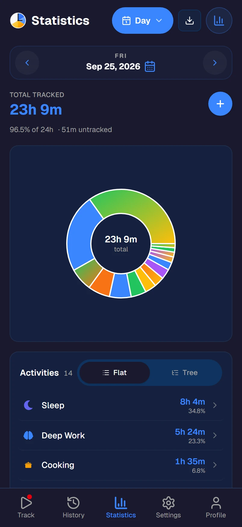 Statistics for one day: 23 hours tracked, split by activity in a donut chart