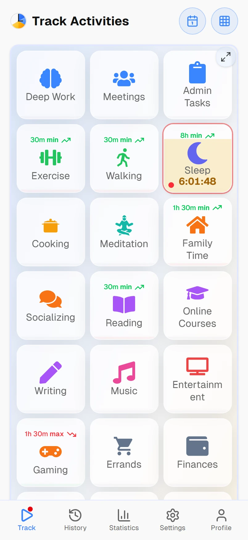 Activity tiles on the Track screen, one of them running