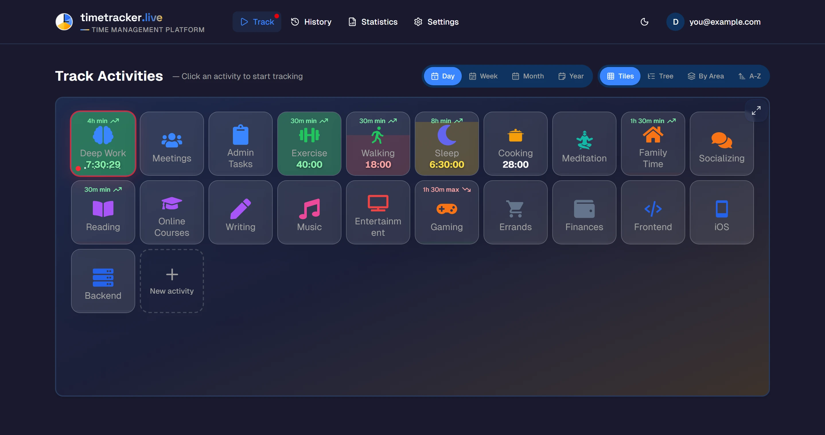 Timetracker web app running in a browser — Track Activities dashboard with life areas and activity tiles