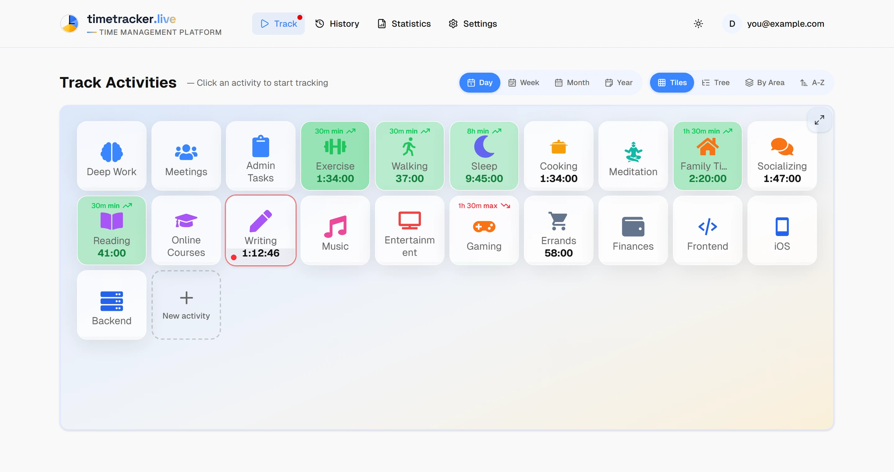 Timetracker web app running in a browser — Track Activities dashboard with life areas and activity tiles