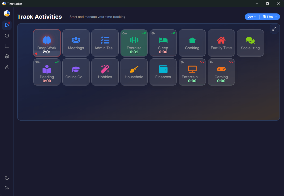 Timetracker desktop app running on Windows in dark mode — time tracking interface with life areas and activity switching